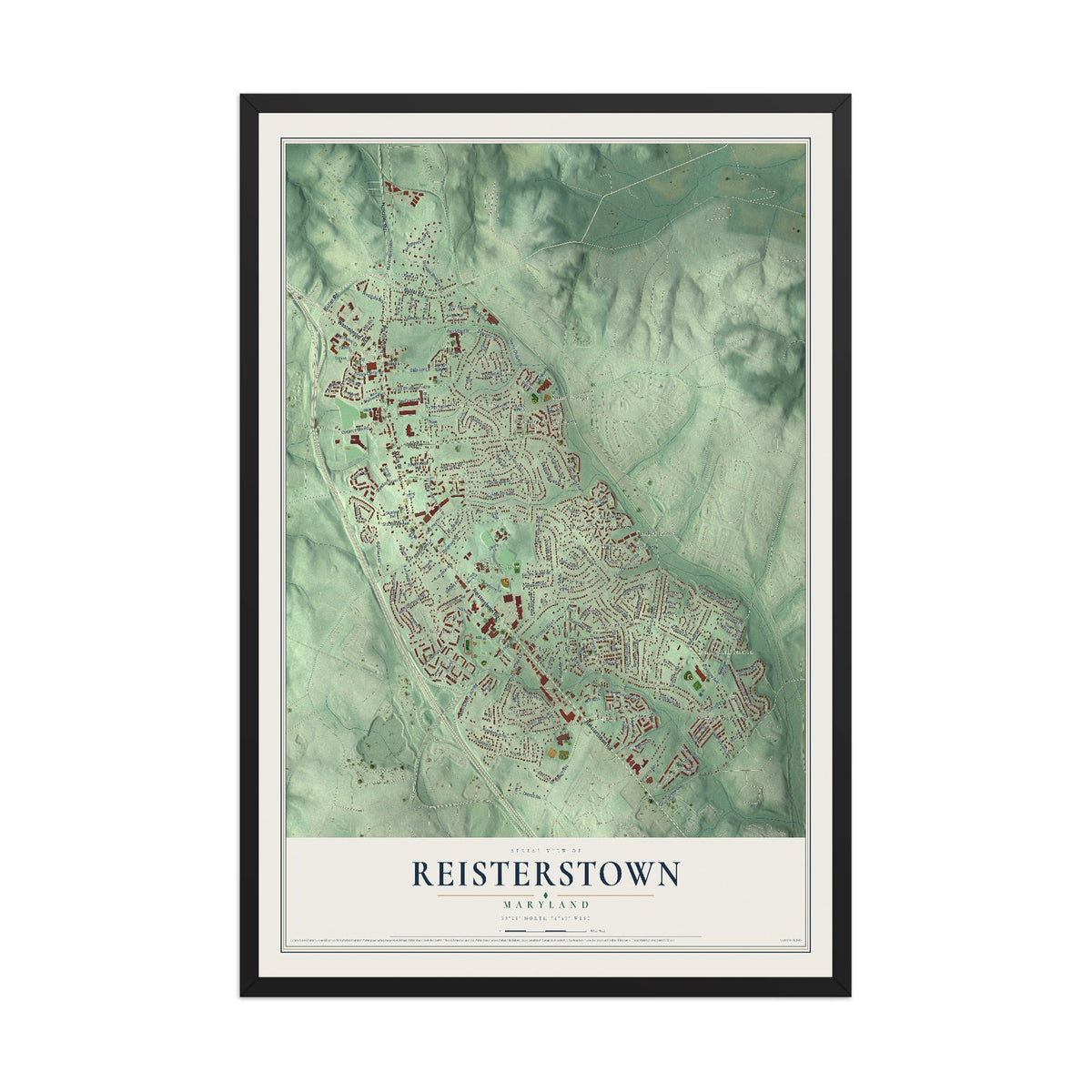 Map of Reisterstown, Maryland, 12 x 18 inch print in a black wood frame