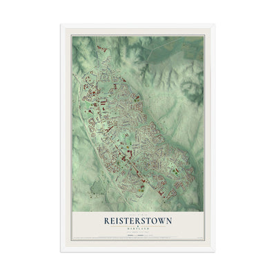 Map of Reisterstown, Maryland, 12 x 18 inch print in a white wood frame