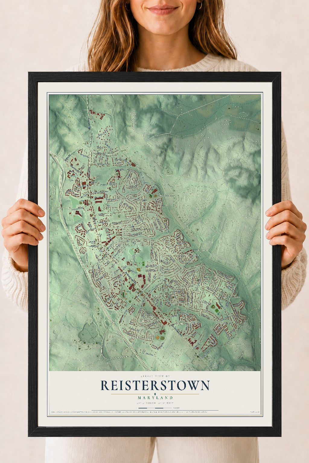 Map of Reisterstown, Maryland, 18 x 24 inch print in a black wood frame