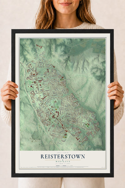 Map of Reisterstown, Maryland, 18 x 24 inch print in a black wood frame