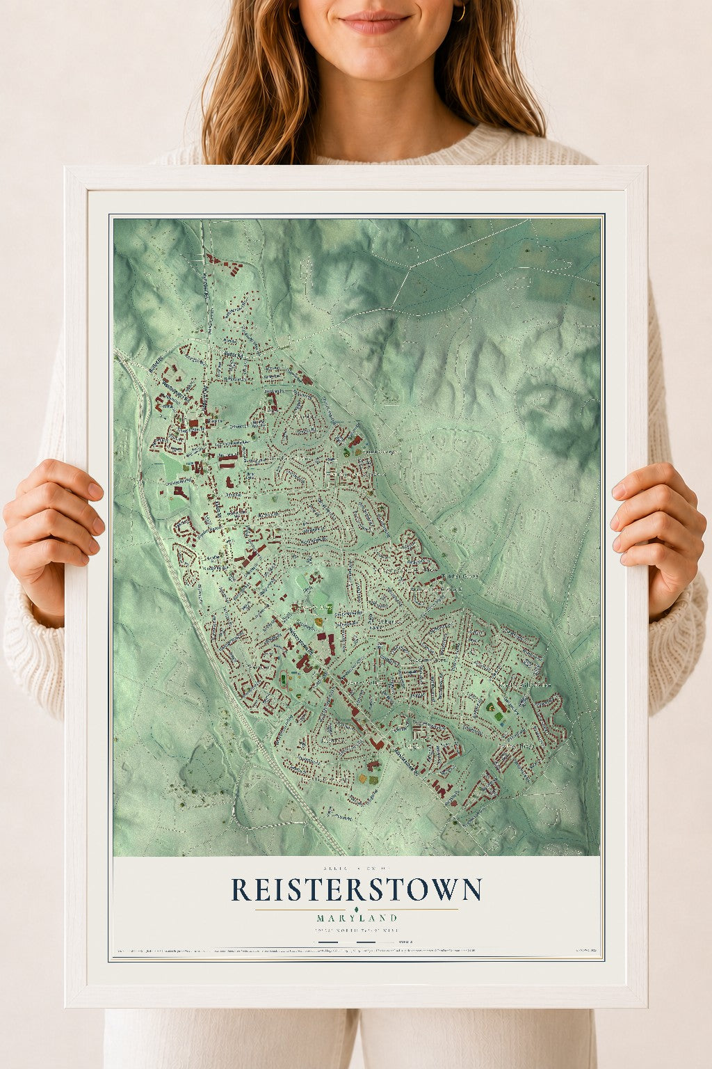 Map of Reisterstown, Maryland, 18 x 24 inch print in a white wood frame