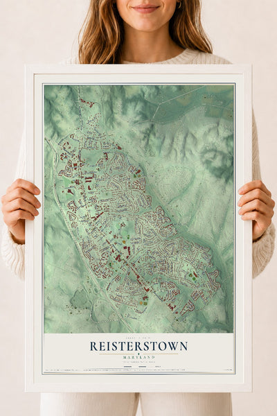 Map of Reisterstown, Maryland, 18 x 24 inch print in a white wood frame