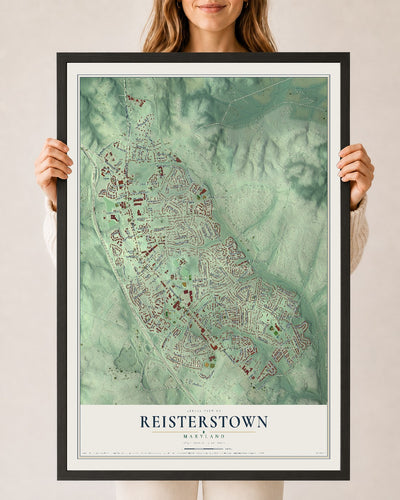 Map of Reisterstown, Maryland, 24 x 36 inch print in a black wood frame
