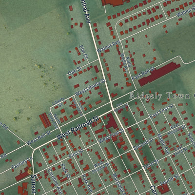 Close-up of the map of Ridgely, Maryland print showing street and building detail