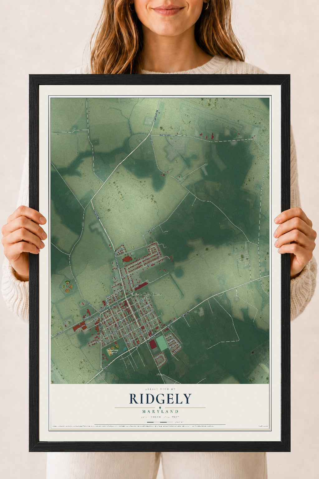 Map of Ridgely, Maryland, 18 x 24 inch print in a black wood frame