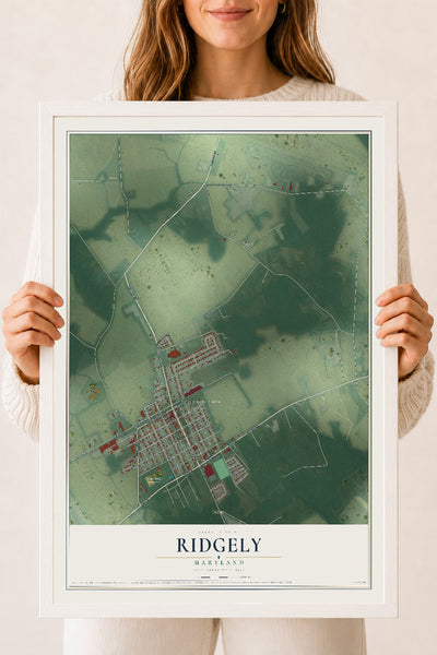 Map of Ridgely, Maryland, 18 x 24 inch print in a white wood frame