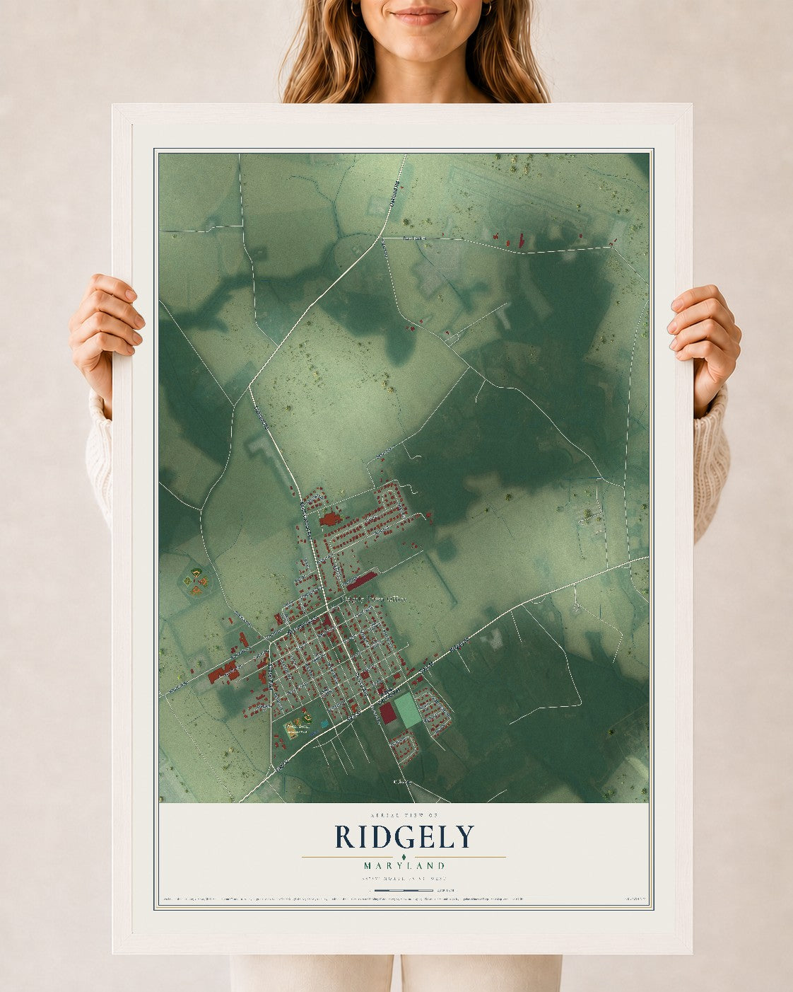 Map of Ridgely, Maryland, 24 x 36 inch print in a white wood frame