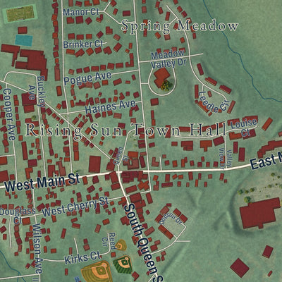 Close-up of the map of Rising Sun, Maryland print showing street and building detail