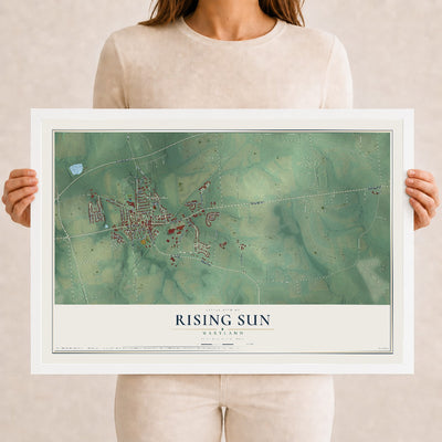Map of Rising Sun, Maryland, 12 x 18 inch print in a white wood frame