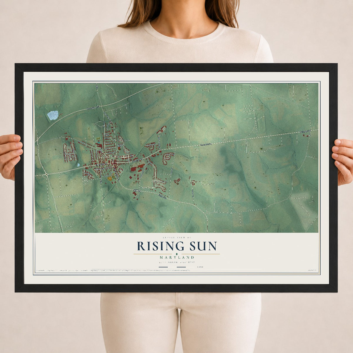 Map of Rising Sun, Maryland, 18 x 24 inch print in a black wood frame