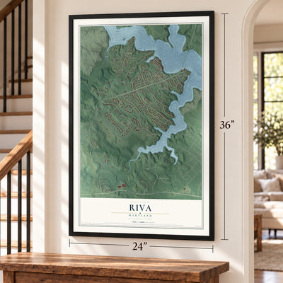 Riva, Maryland map, 24 x 36 inch print in a black frame by a staircase