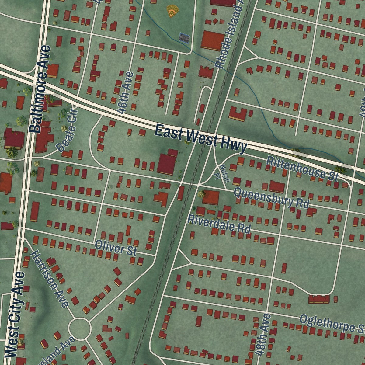 Close-up of the map of Riverdale Park, Maryland print showing street and building detail