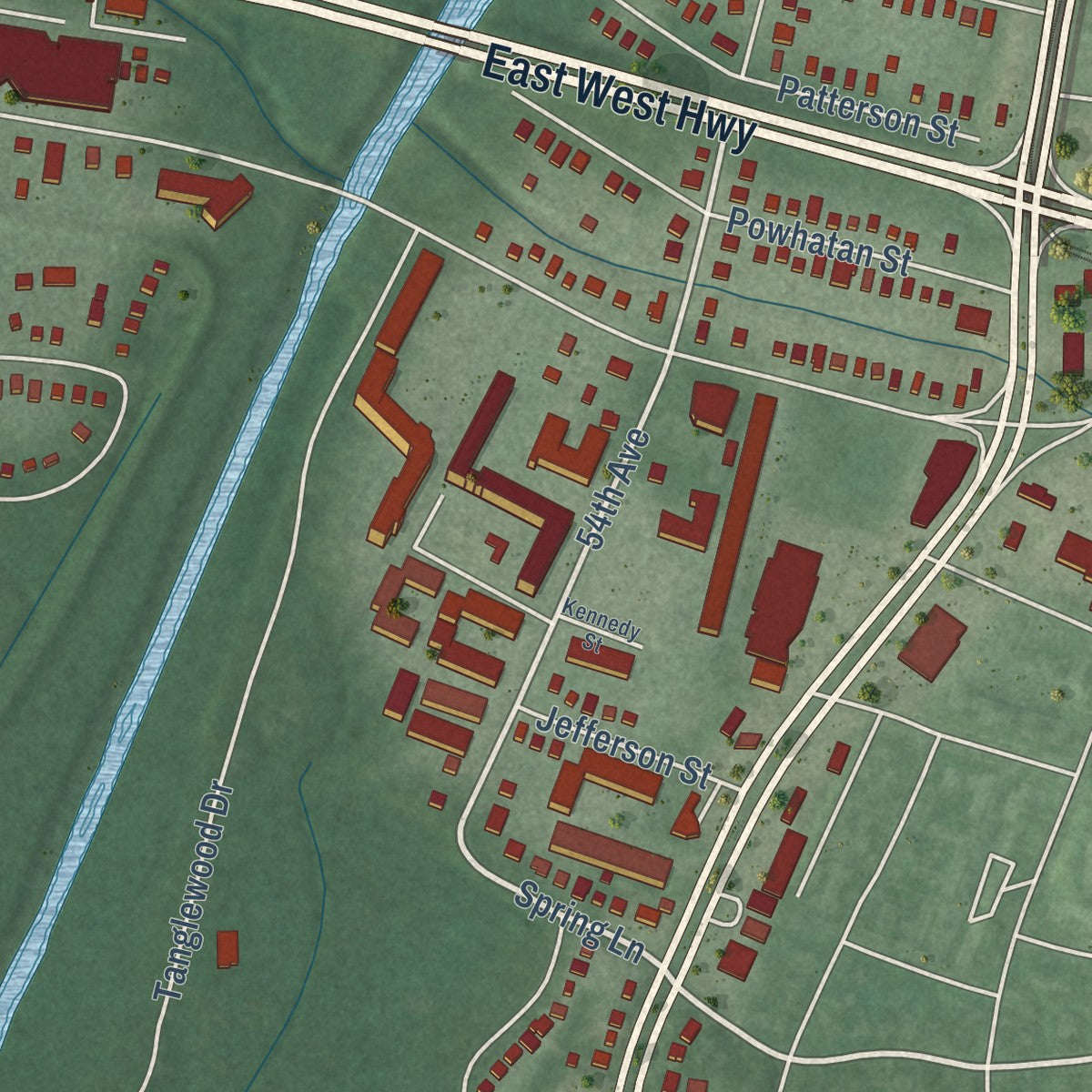 Second close-up of the map of Riverdale Park, Maryland print showing more streets and buildings