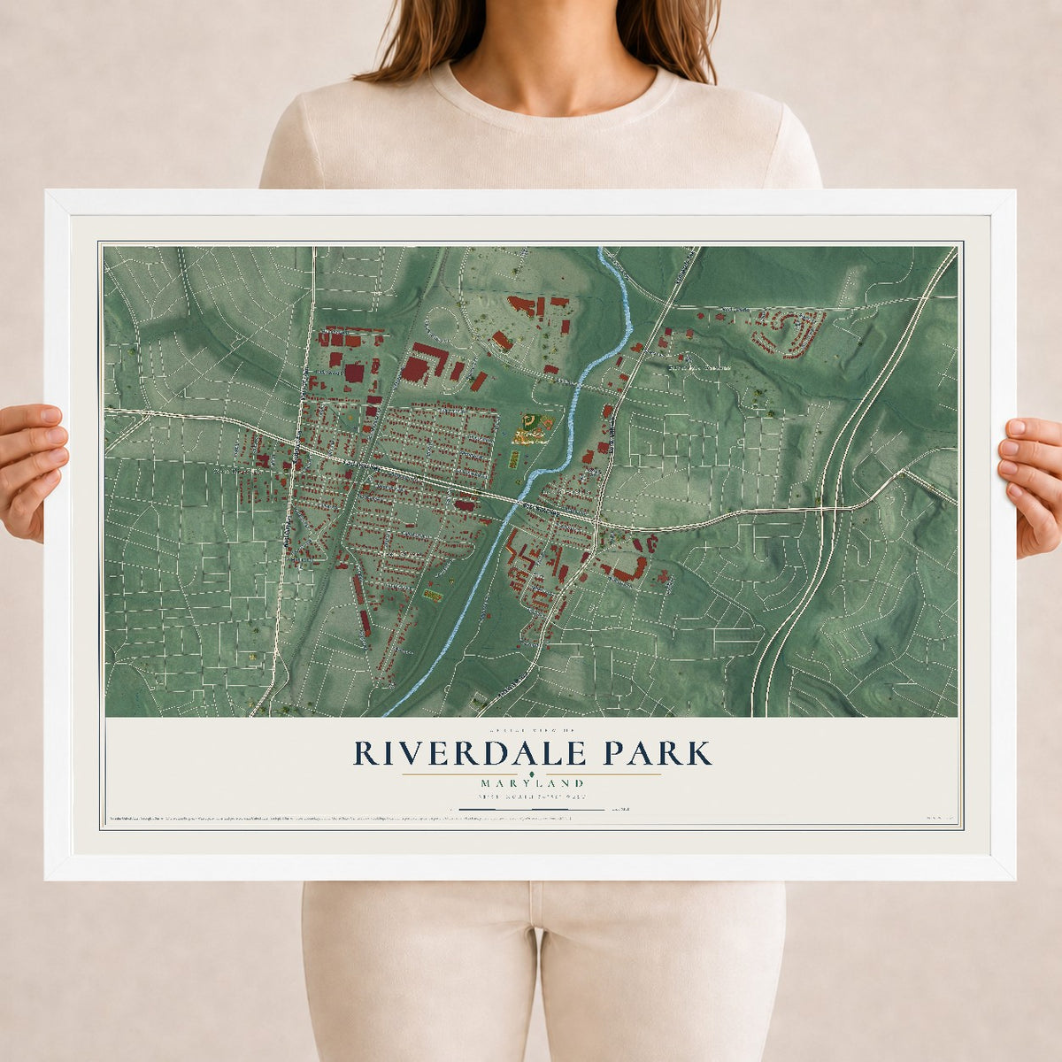 Map of Riverdale Park, Maryland, 18 x 24 inch print in a white wood frame