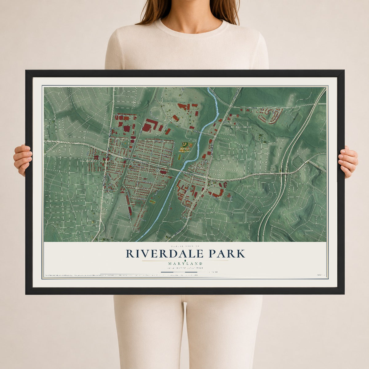 Map of Riverdale Park, Maryland, 24 x 36 inch print in a black wood frame