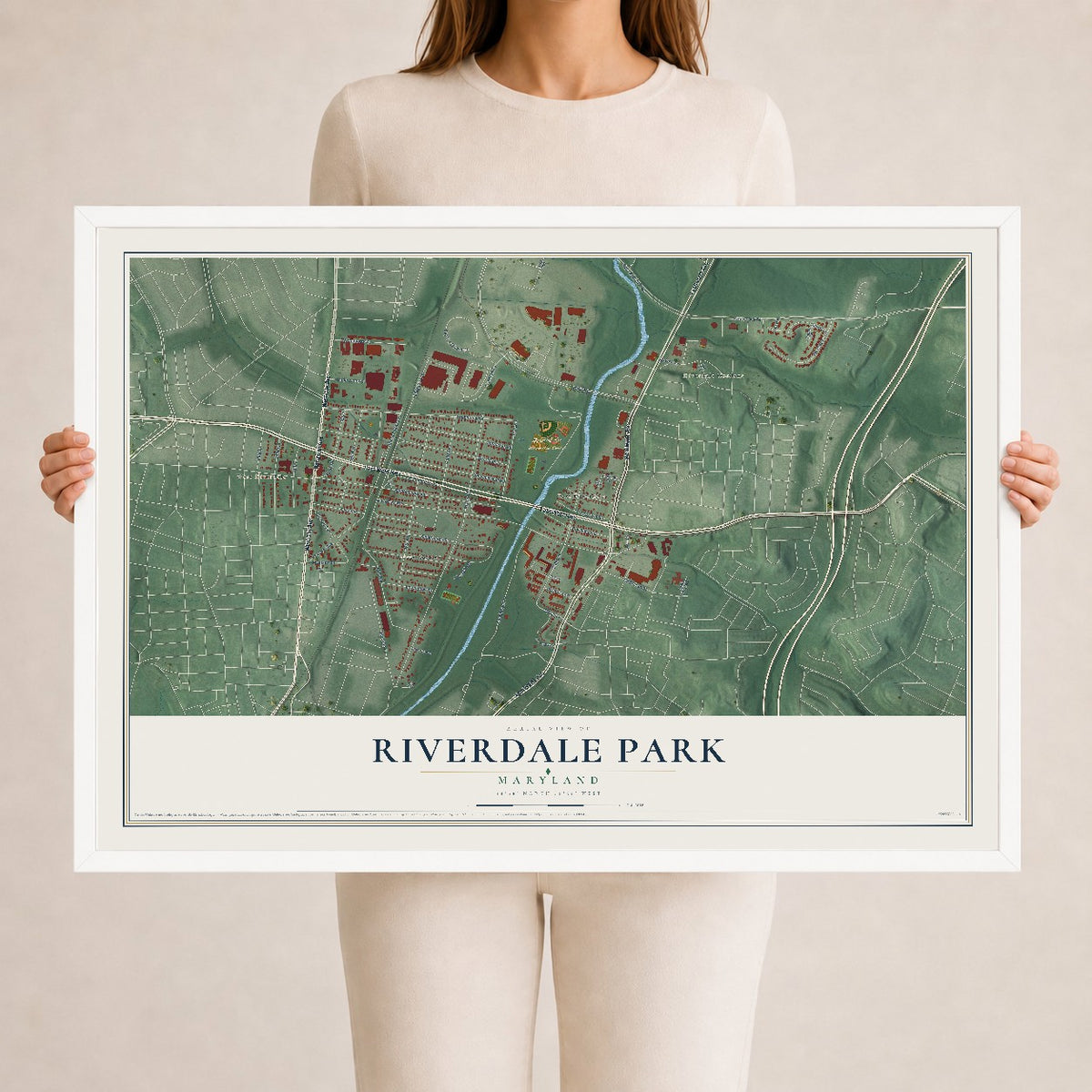 Map of Riverdale Park, Maryland, 24 x 36 inch print in a white wood frame