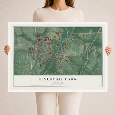 Map of Riverdale Park, Maryland, 24 x 36 inch print in a white wood frame