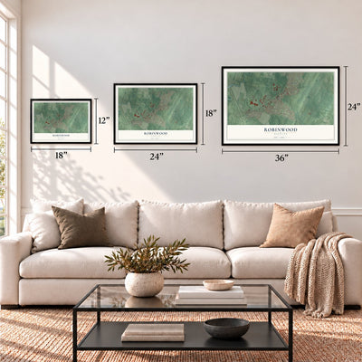 Robinwood, Maryland map in 12 x 18, 18 x 24 and 24 x 36 inch sizes above a sofa