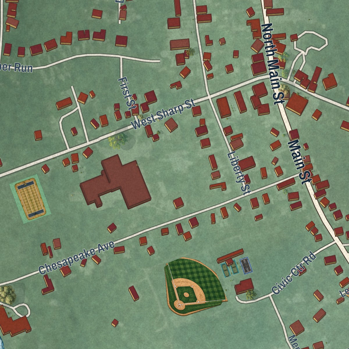 Close-up of the map of Rock Hall, Maryland print showing street and building detail