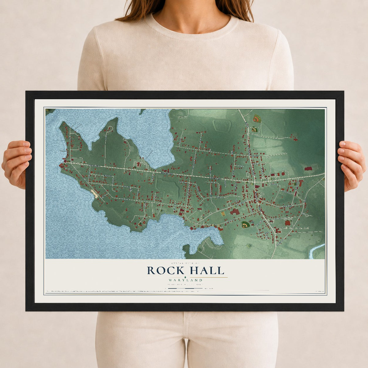 Map of Rock Hall, Maryland, 12 x 18 inch print in a black wood frame