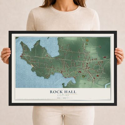 Map of Rock Hall, Maryland, 12 x 18 inch print in a black wood frame
