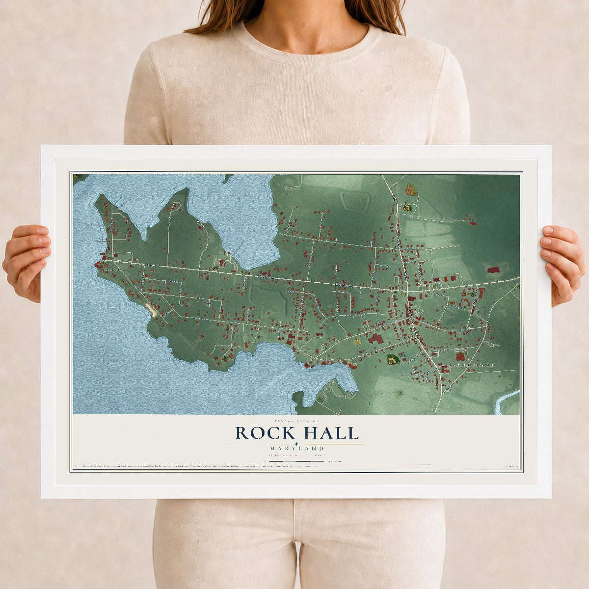 Map of Rock Hall, Maryland, 12 x 18 inch print in a white wood frame