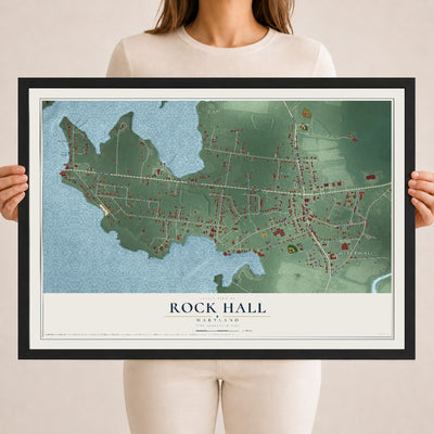 Map of Rock Hall, Maryland, 18 x 24 inch print in a black wood frame