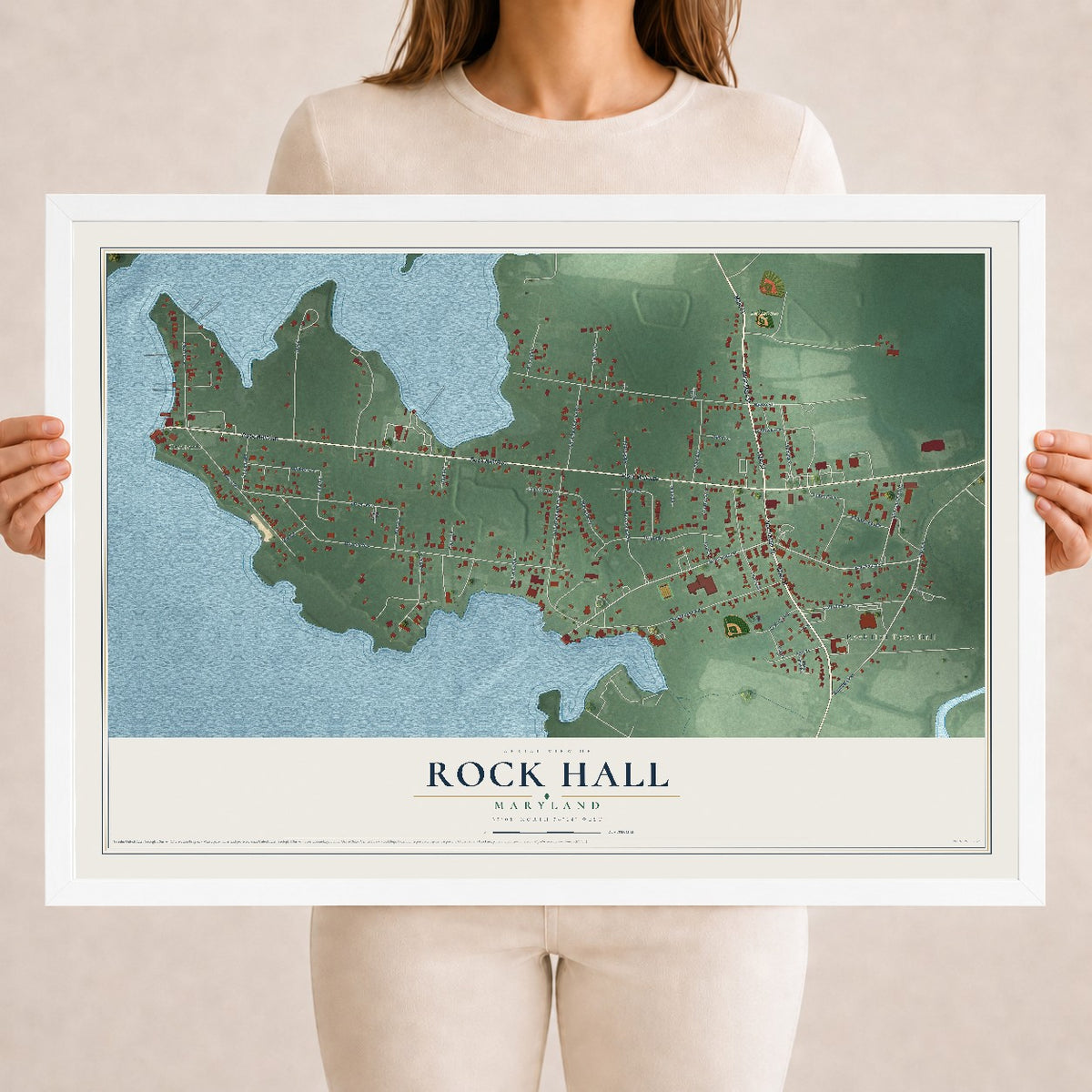 Map of Rock Hall, Maryland, 18 x 24 inch print in a white wood frame