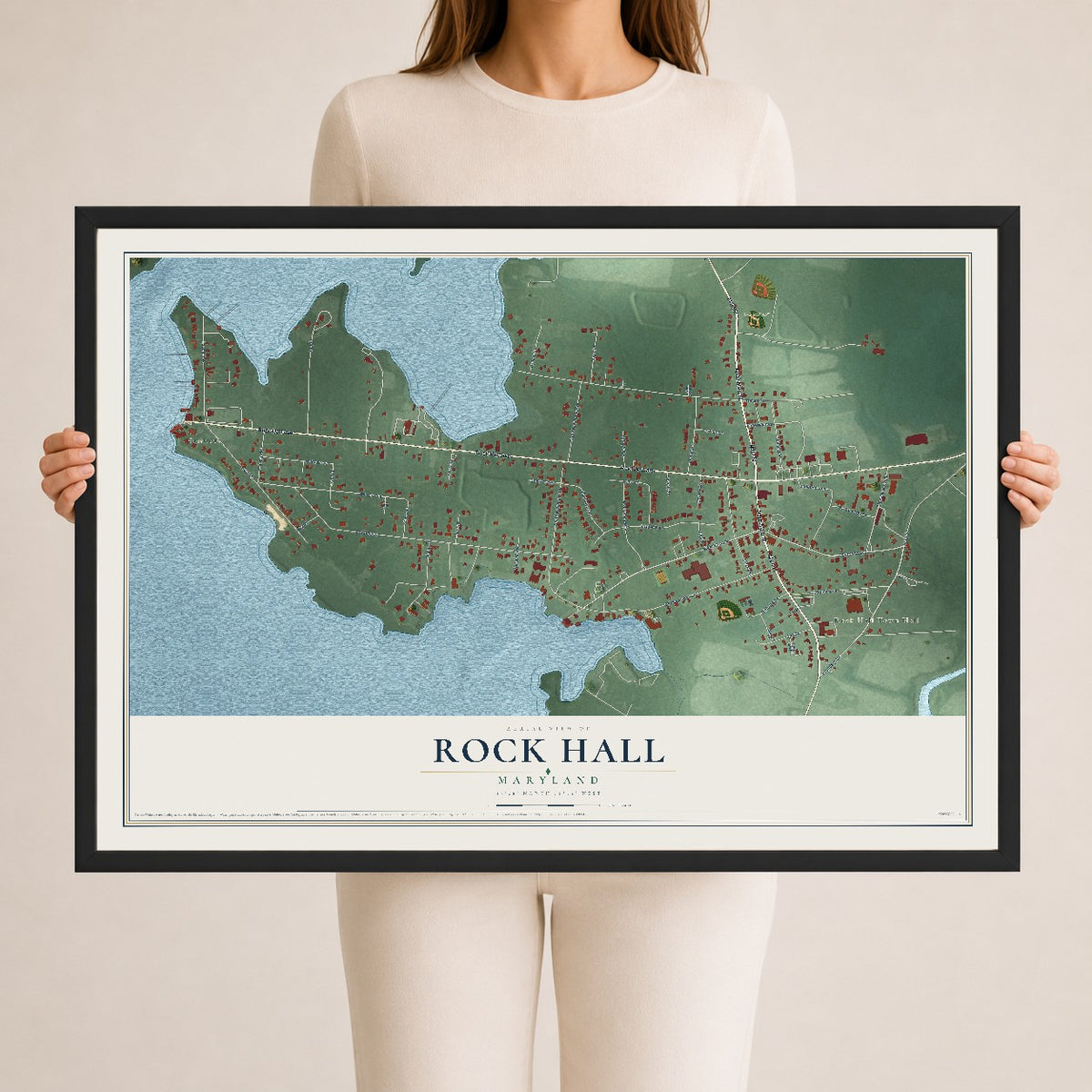 Map of Rock Hall, Maryland, 24 x 36 inch print in a black wood frame