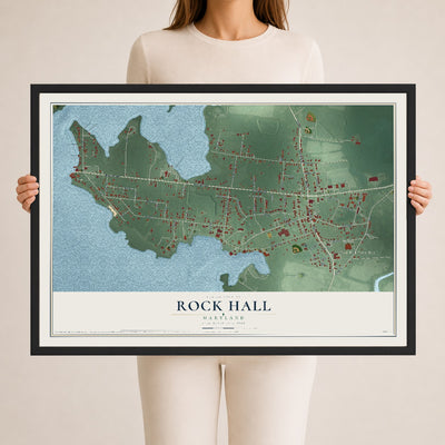 Map of Rock Hall, Maryland, 24 x 36 inch print in a black wood frame