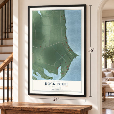 Rock Point, Maryland map, 24 x 36 inch print in a black frame by a staircase