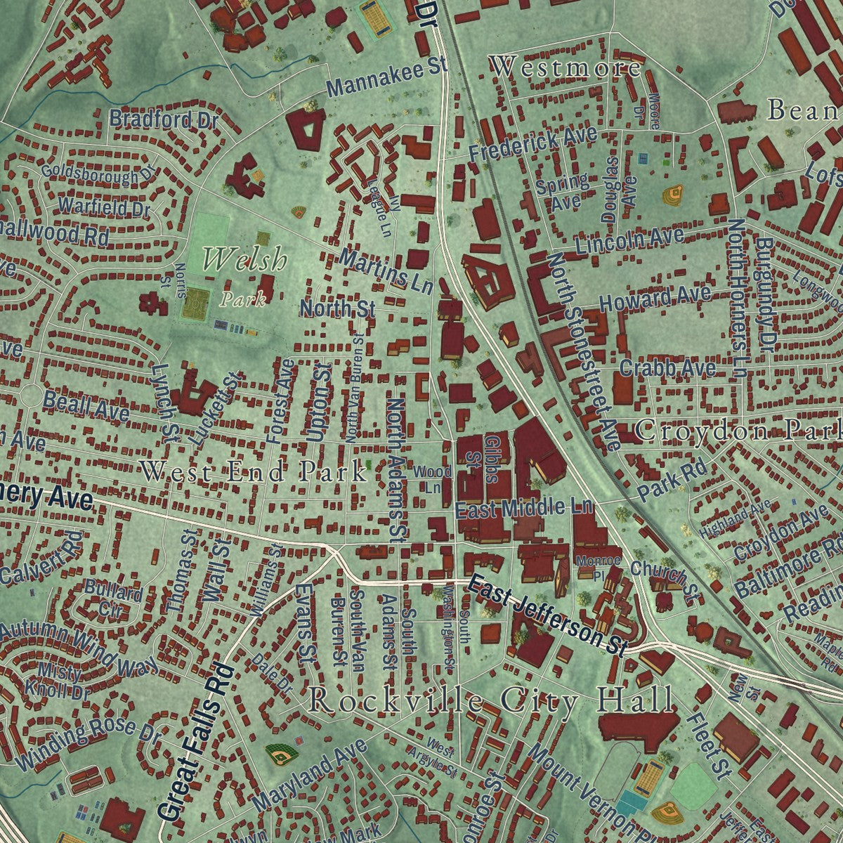 Close-up of the map of Rockville, Maryland print showing street and building detail