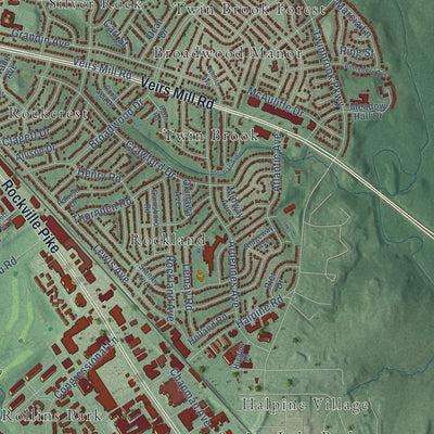 Second close-up of the map of Rockville, Maryland print showing more streets and buildings