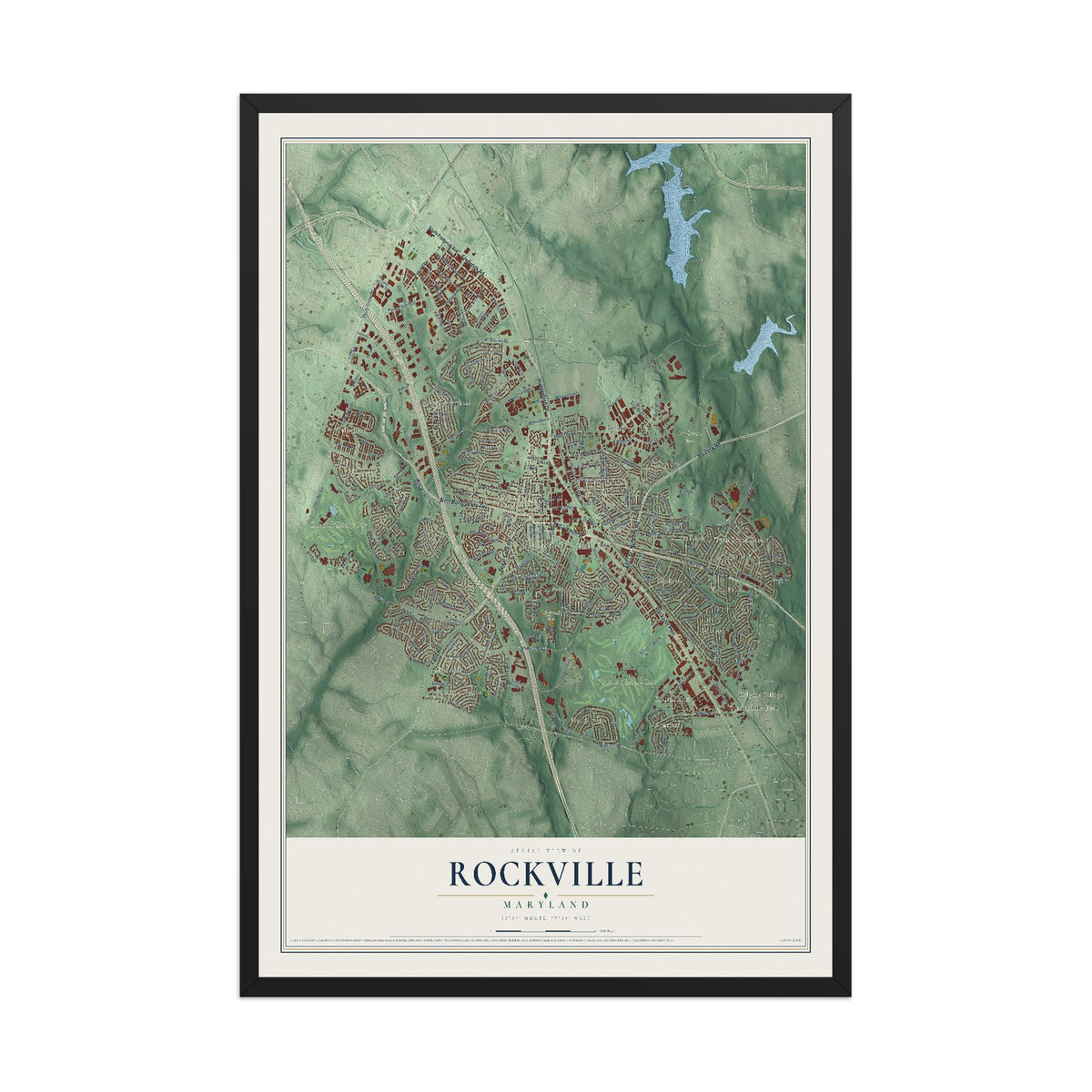 Map of Rockville, Maryland, 12 x 18 inch print in a black wood frame