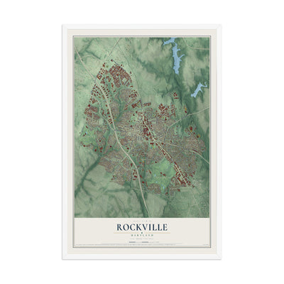 Map of Rockville, Maryland, 12 x 18 inch print in a white wood frame