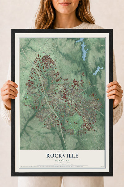 Map of Rockville, Maryland, 18 x 24 inch print in a black wood frame