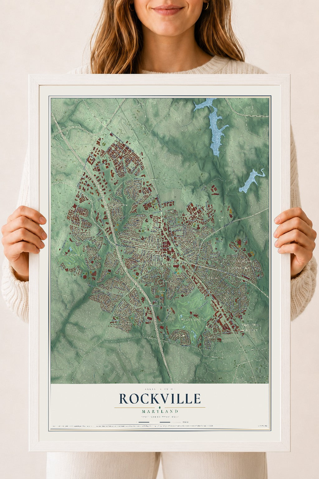 Map of Rockville, Maryland, 18 x 24 inch print in a white wood frame