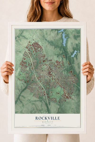 Map of Rockville, Maryland, 18 x 24 inch print in a white wood frame