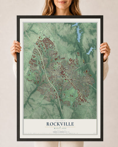 Map of Rockville, Maryland, 24 x 36 inch print in a black wood frame