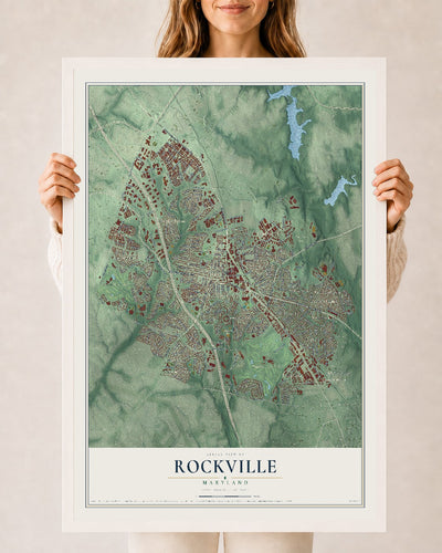 Map of Rockville, Maryland, 24 x 36 inch print in a white wood frame
