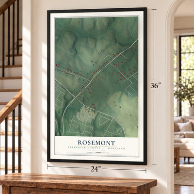Rosemont, Maryland map, 24 x 36 inch print in a black frame by a staircase