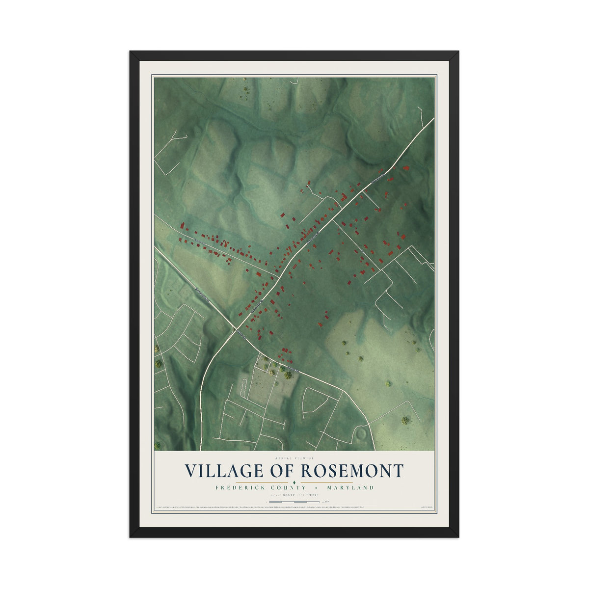 Map of Rosemont, Maryland, 12 x 18 inch print in a black wood frame