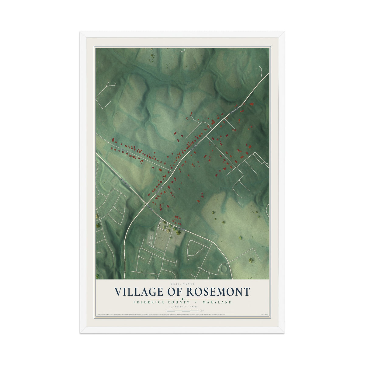 Map of Rosemont, Maryland, 12 x 18 inch print in a white wood frame