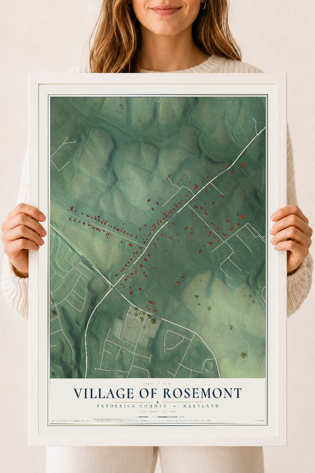 Map of Rosemont, Maryland, 18 x 24 inch print in a white wood frame
