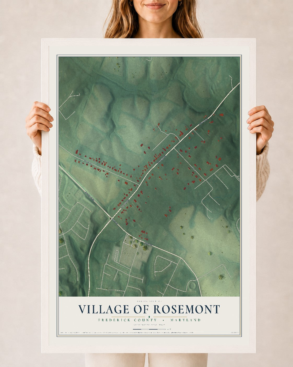 Map of Rosemont, Maryland, 24 x 36 inch print in a white wood frame