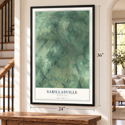 Sabillasville, Maryland map, 24 x 36 inch print in a black frame by a staircase