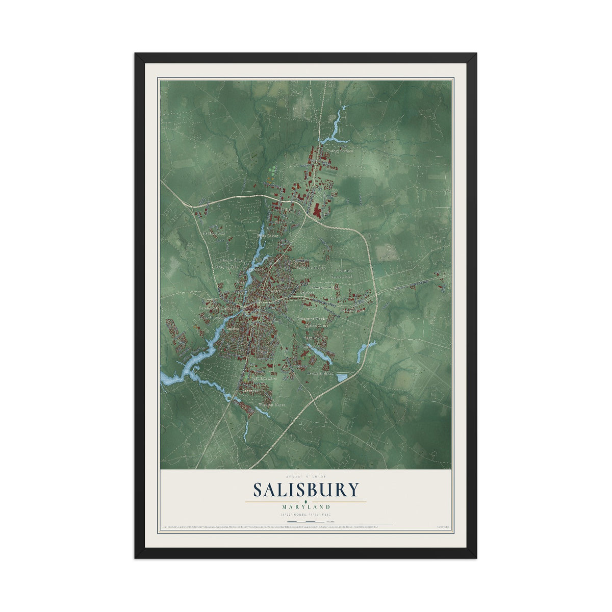 Map of Salisbury, Maryland, 12 x 18 inch print in a black wood frame