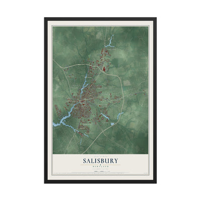 Map of Salisbury, Maryland, 12 x 18 inch print in a black wood frame