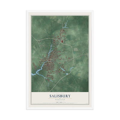 Map of Salisbury, Maryland, 12 x 18 inch print in a white wood frame