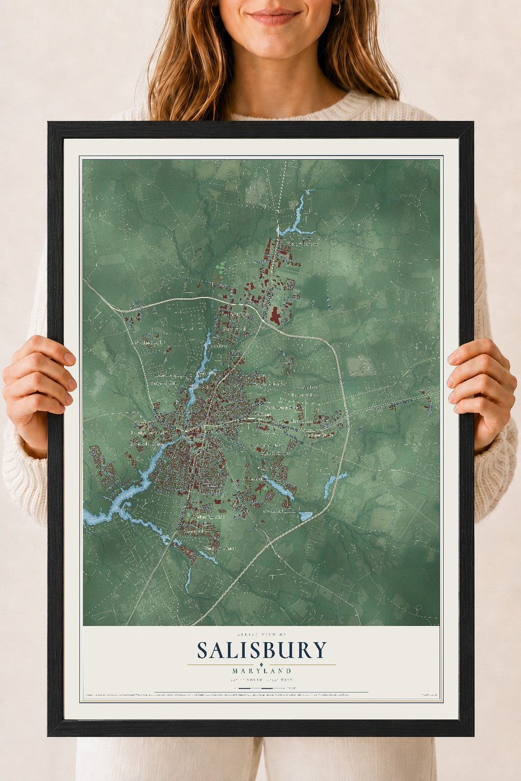 Map of Salisbury, Maryland, 18 x 24 inch print in a black wood frame